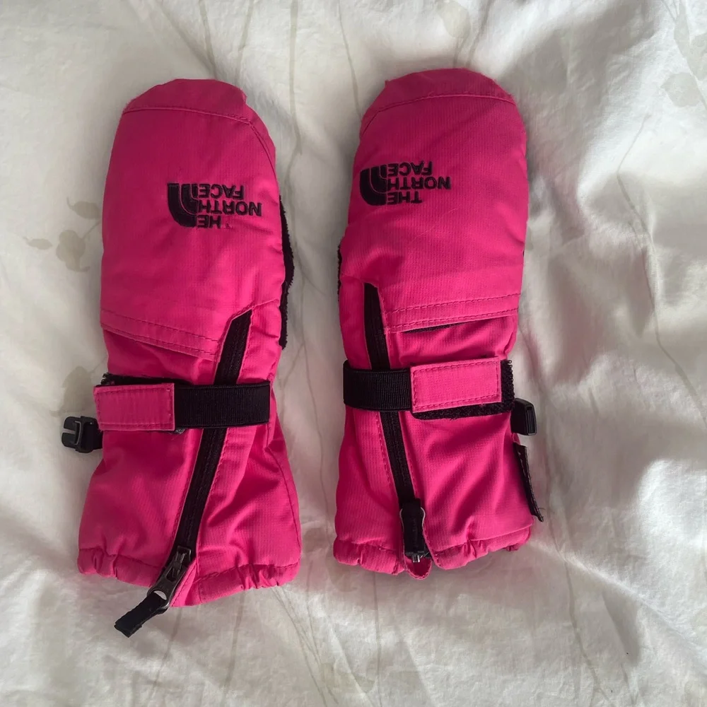 The North Face Kids Pink Insulated Mittens with Wrist Straps
